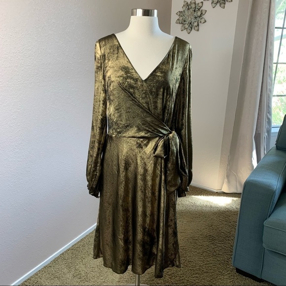 Lauren Ralph Lauren Sateen Faux Wrap Dress Gold - Picture 2 of 11